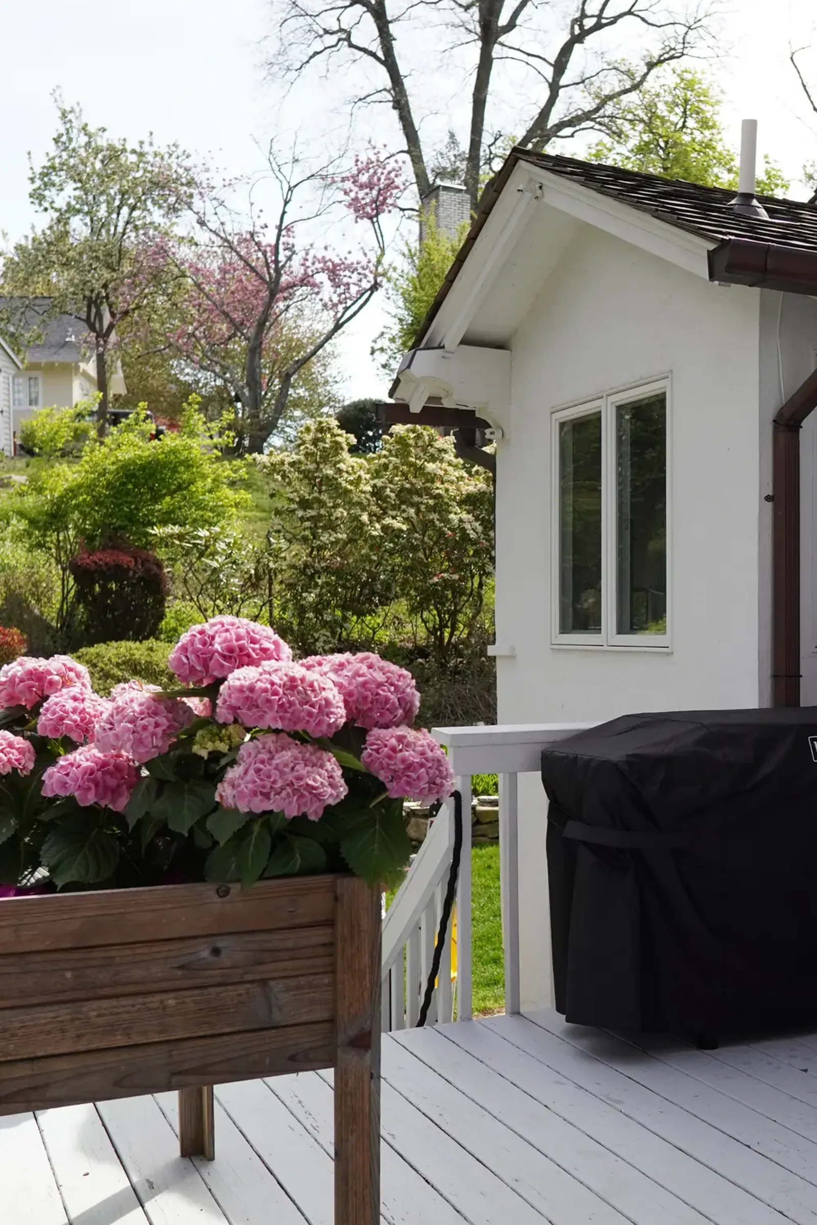 White Westchester home with freshly cleaned windows off a spring deck
